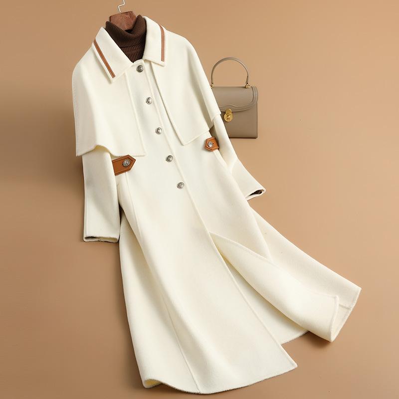 

Осенне-зимнее длинное двустороннее шерстяное пальто с кейпом, женское высококачественное шерстяное пальто приталенного кроя, пальто приталенного кроя L (recommended 117-64 kg) жемчужина белый