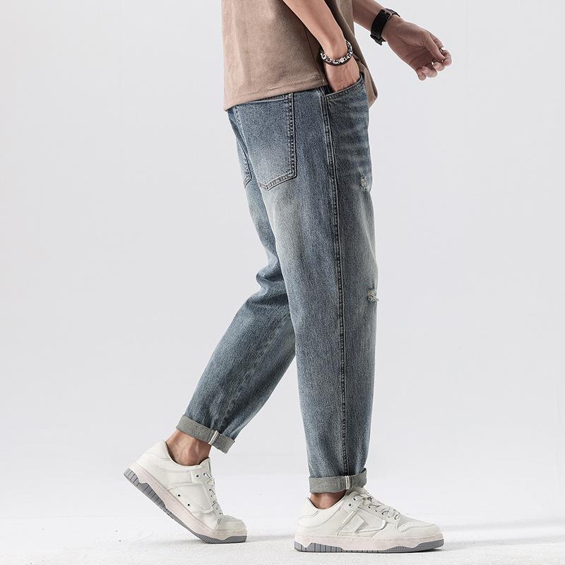 Retro Washed Micro-cone Ripped Jeans Male Dad Casual Trousers American Micro-ha Radish Trendy Brand Boys Pants