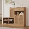 Schuhschrank mit gepolsterter Bank, 3 geflochtene Rattan-Türen und 1 Schublade, Aufbewahrungsschrank mit Schuhregal für Flur, Holzoptik, B142xT35xH110 cm