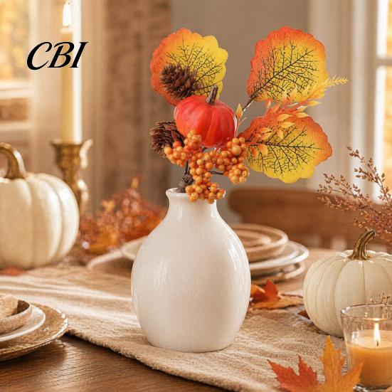 Pumpkin And Berry Centerpiece Autumn Flower Bouquet, Artificial Fall Floral Picks with Maple Leaves Pumpkins Orange Yellow Berries Pine Cones