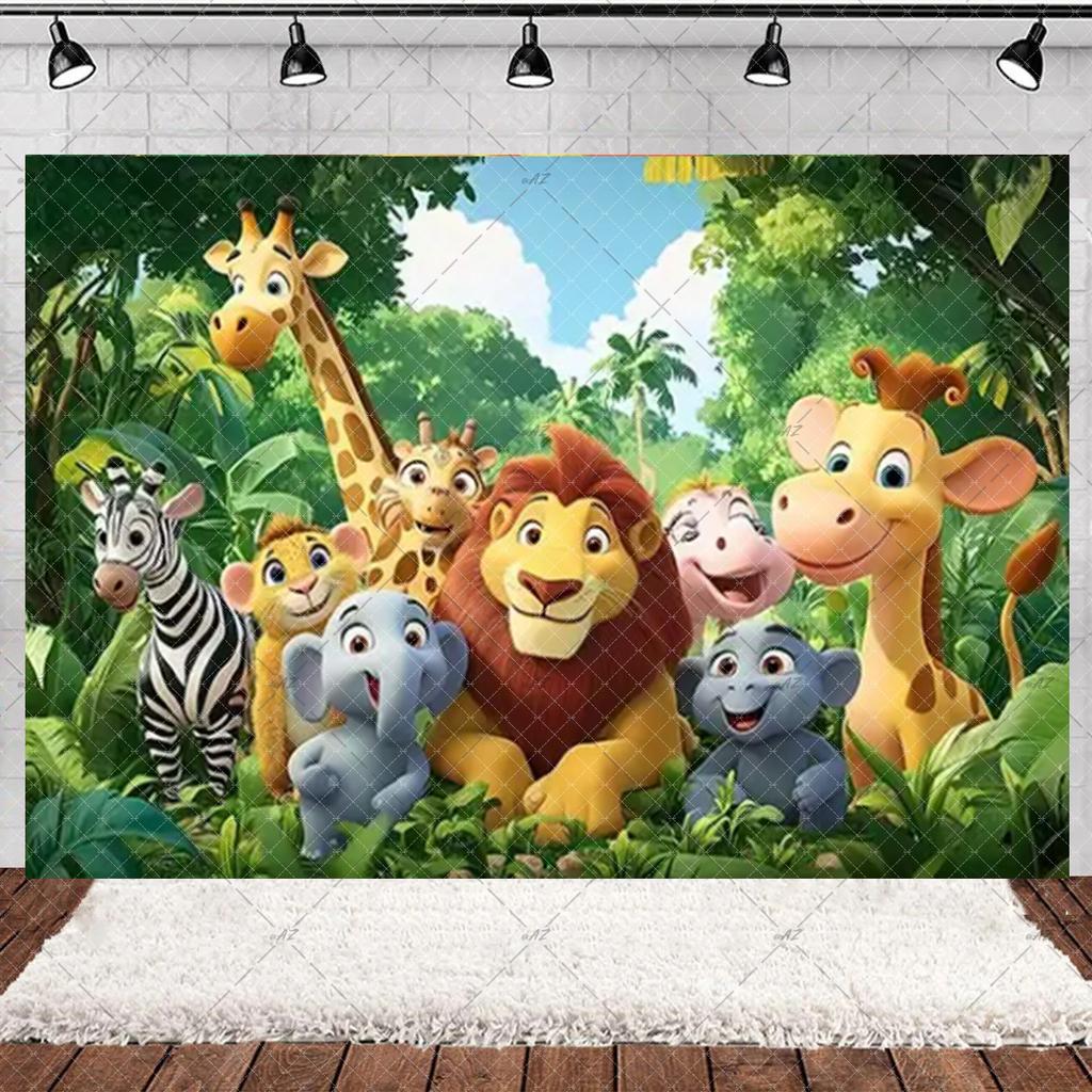 Jungle Wildlife Lion Giraffe Theme Banner Background, Children's Birthday Party, Home Decoration Photography Studio Background