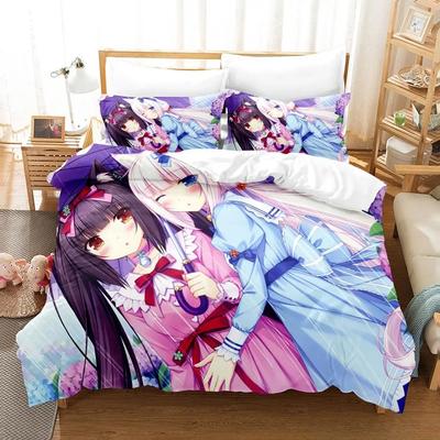 Kawaii Nekopara Zestaw Pościeli Pojedynczy Bliźniak Pełny Queen King Size Zestaw na Łóżko Aldult Kid Sypialnia Zestawy Poszewek na Kołdrę Anime Parure De Lit Bed