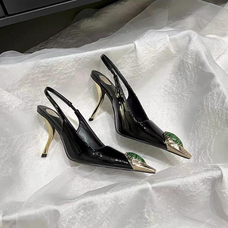 New Designder Inlay Gems Pointed Toe Patent Leather Sexy Slingback Sandals Women Pumps High Heels Wedding Banquet Shoes