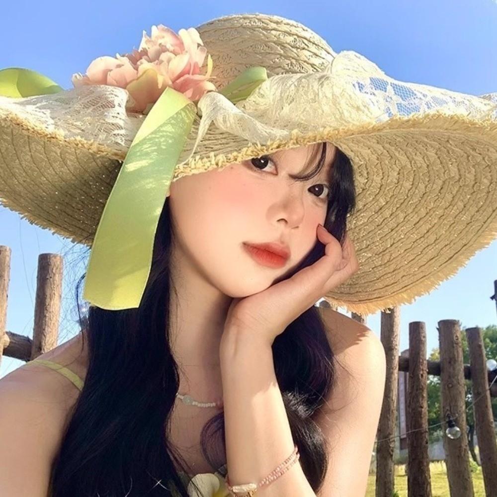 Breathable Vacation Beach Cap Flower Woven Sun Cap Solid Color Lafite Straw Hat  Carnival