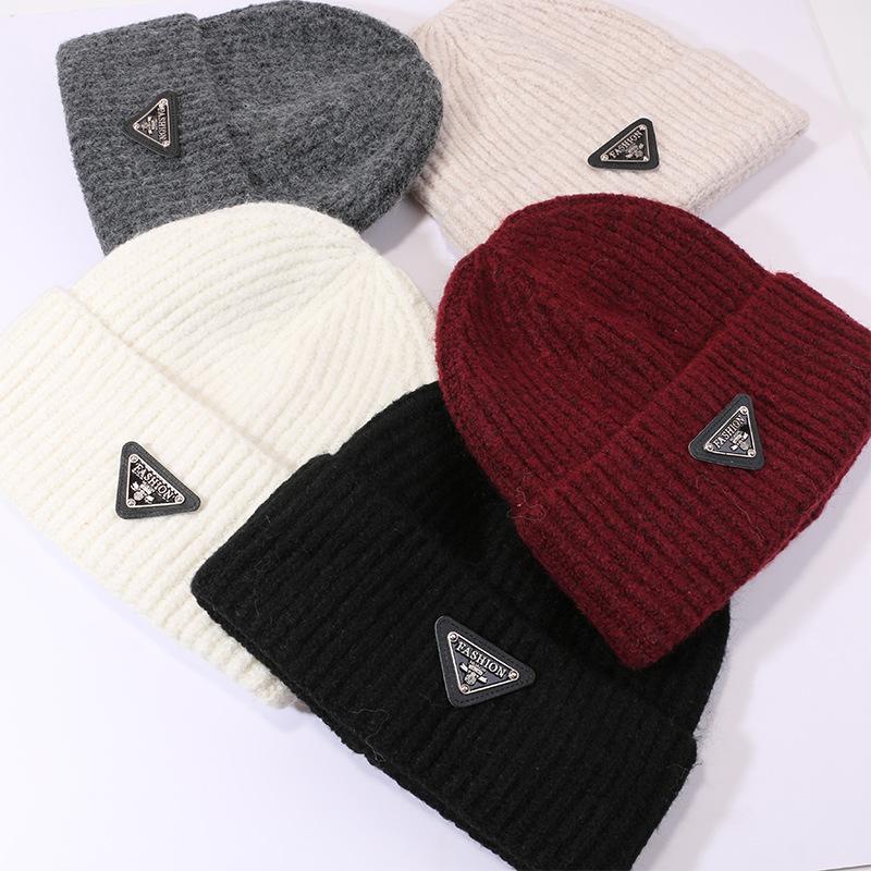 Woolen Hats for Women Triangle Marked Warm Knitted Hats for Couples  Pullover Hats Anti Cold Hats for Men  Autumn and Winter.