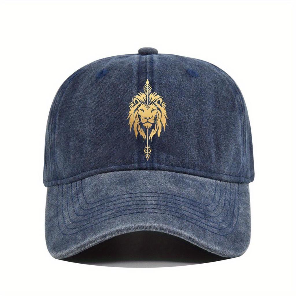 Golden Lion Head Graphic Washed Denim Baseball Cap Vintage Distressed Sports Sun Hat Unisex