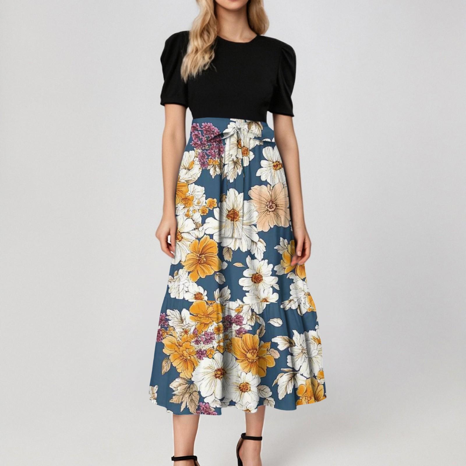 

Women s Fashion Casual Belt Short Sleeve Round Neck Floral Stitching Elegant Temperament Dress XL