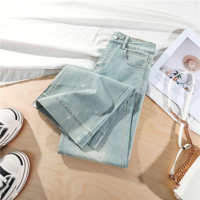 Spring Summer New Meteor Bling Rhinestone Non Cling Soft Comfort Relax Micro Flare Wide Leg Denim Pants For Women Casual Pants Oversize Denim Trousers