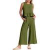 Women's Summer 2 Piece Outfits Sleeveless Pleated Ruffle Tank Top Wide Leg Cropped Pants Casual Loose Linen Matching Set with Pockets