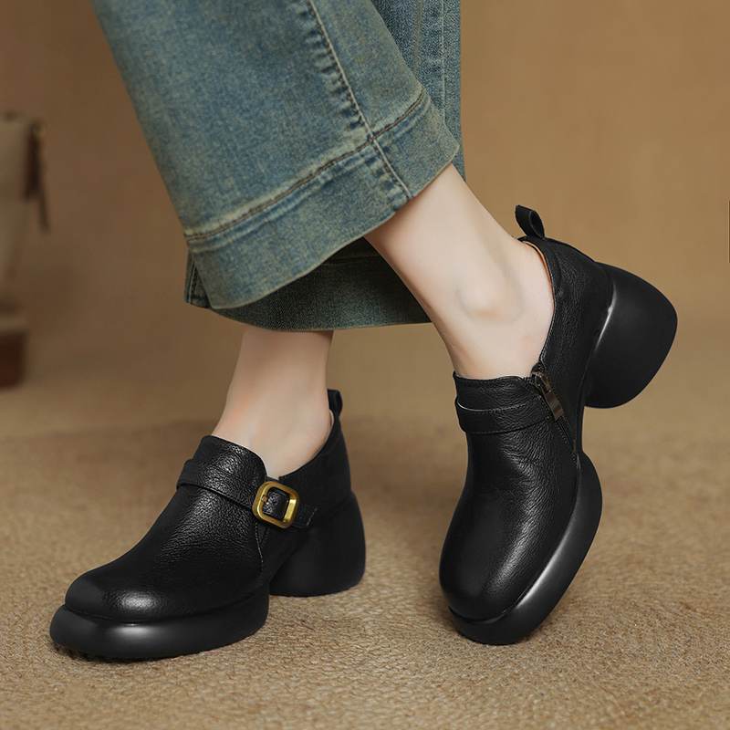 Krazing Pot cow skin Autumn Winter Shoes Metal Buckle Loafers chunky Heels Slip on Size 43 Round Toe Slip on Deep Mouth Pumps