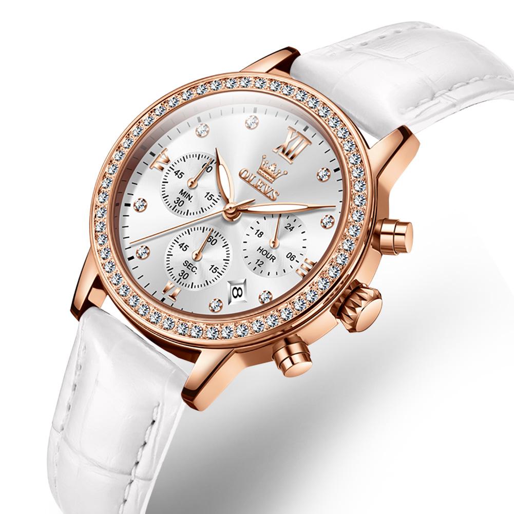 OLEVS Modische Diamantuhren Für Damen Luxusmarke Roségold Gehäuse Damenuhr Quarz Weißes Lederarmband reloj para mujer