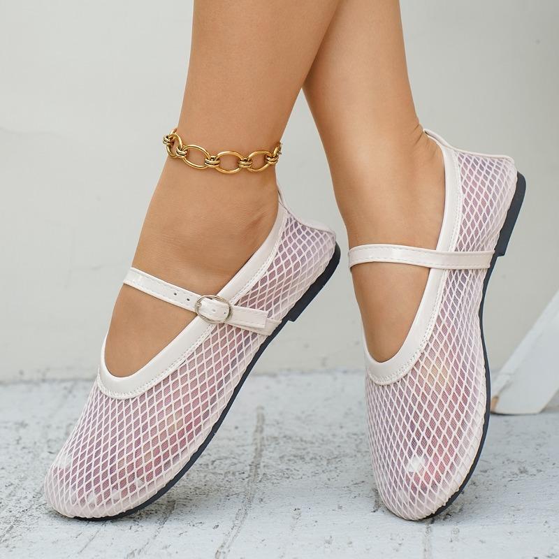 Fashion French Mary Jane Single Shoes Women's 2025 Summer New Flat Breathable Mesh Cutout Woven Fishnet Sandals