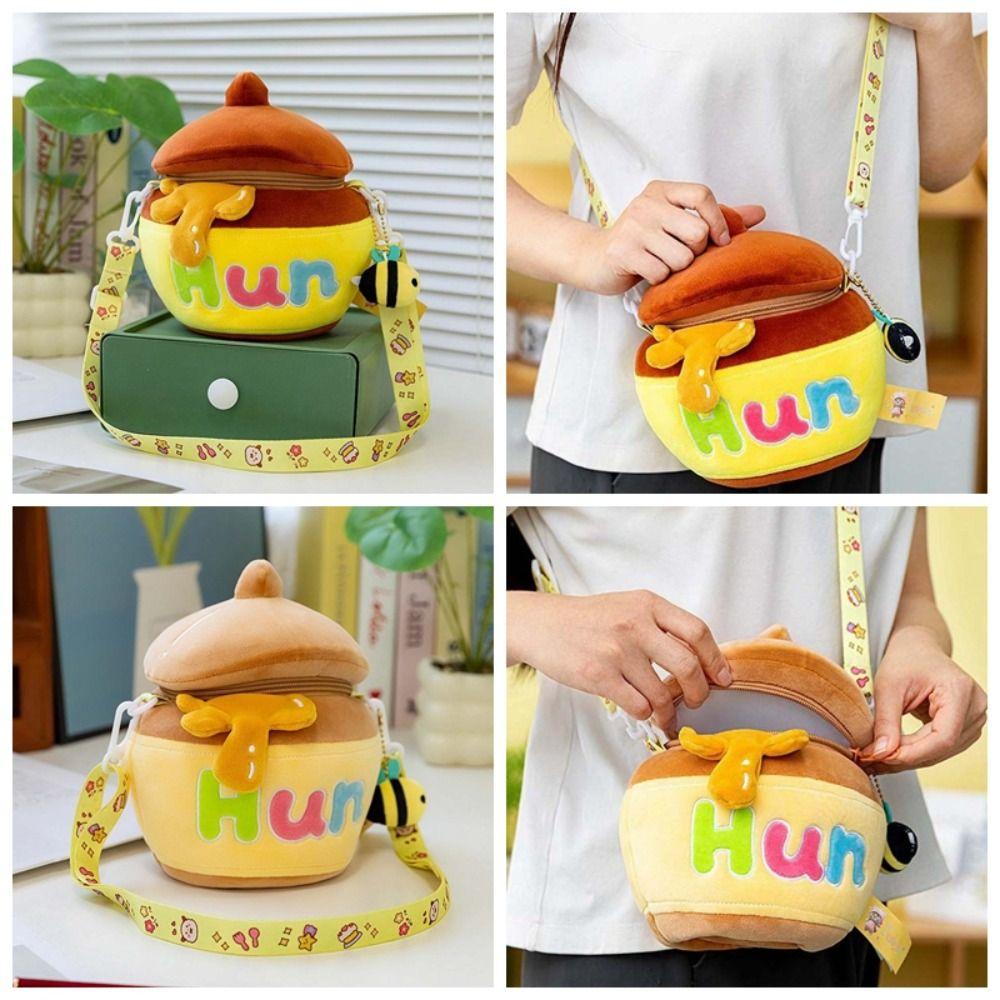 Thickened Cute Honey Jar Crossbody Bag Soft Honey Pot Shoulder Pouch Adorable Adjustable Straps Yellow Cartoon Bag Daily