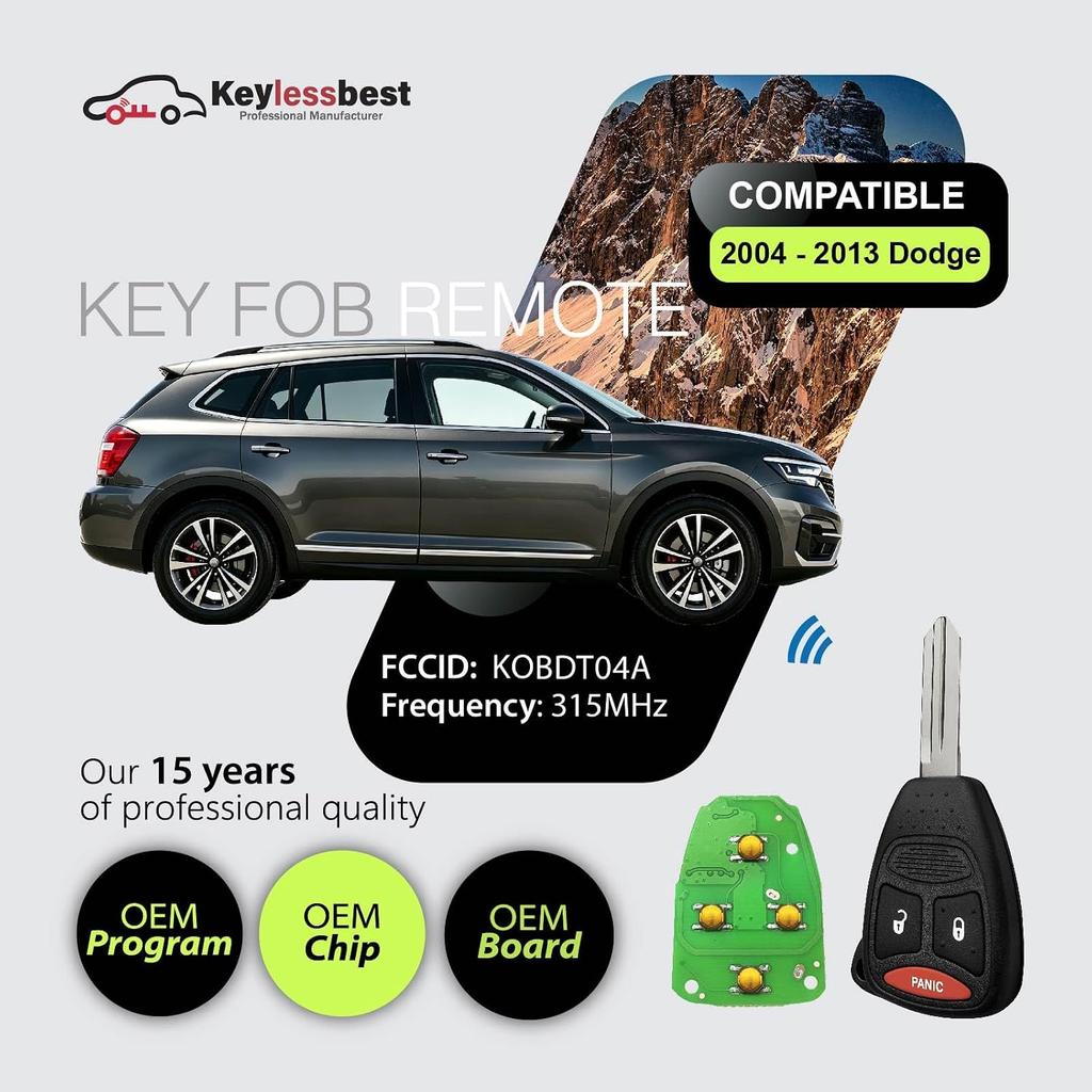 Car Key Fob Remote Keyless Entry Control KOBDT04A 315MHz 3 Button Replacement for 2004 2005 2006 2007 2008 2009 2010 2011 2012 2013 Dodge Caliber