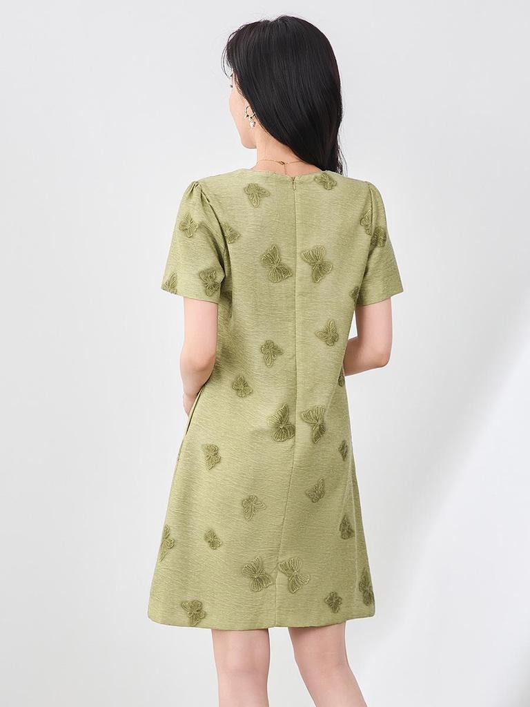 Tencel Linen A-line Dress with Butterfly Embroidery - French Style Slimming Fit for Women