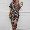 Women's Shirt Collar Short Sleeve Fitted Mid Waist Elegant Leopard Print Midi Dress Wrap Dress