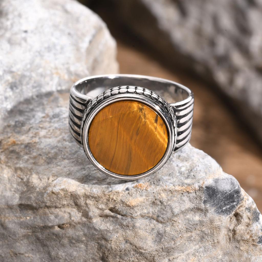 Tiger Eye Stone Round Top Finger Band for Men Boys Stainless Steel Signet Ring Chunky Male Punk Ring Jewelry