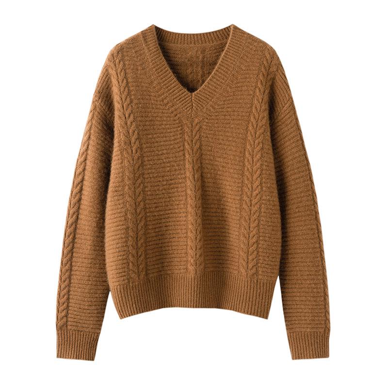 2025 Women's Wool V-neck Cable Knit Long Sleeve Sweater - Loose Fit Cashmere Autumn Winter Top