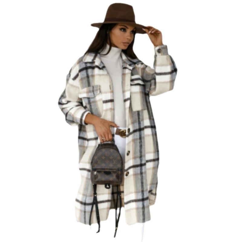 Women's Fall and Winter Mid-Long Long Sleeved Plaid Printed Jacket