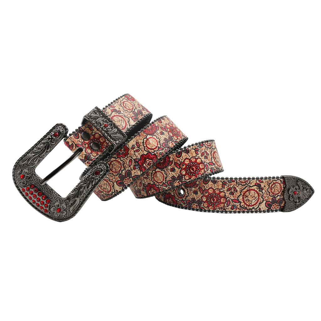 Original Luxury Red Pattern Rhinestone Printed Belt, Full Of Design And Trendy Pu Leather Belt