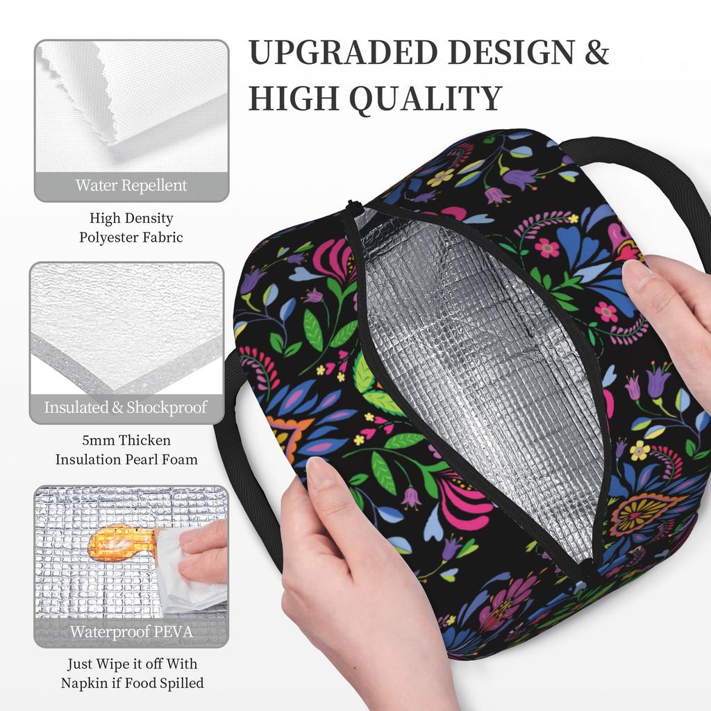 Mexican Floral Folk Pattern Insulated Lunch Bags High Capacity Polish Ethnic Flowers Reusable Thermal Bag Tote Lunch Box