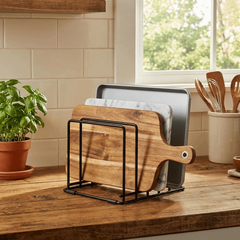 Iron 5 Slots Divided Rack Rust-Resistant Pan Storage Rack Cookware Holder  Counter-top Storage