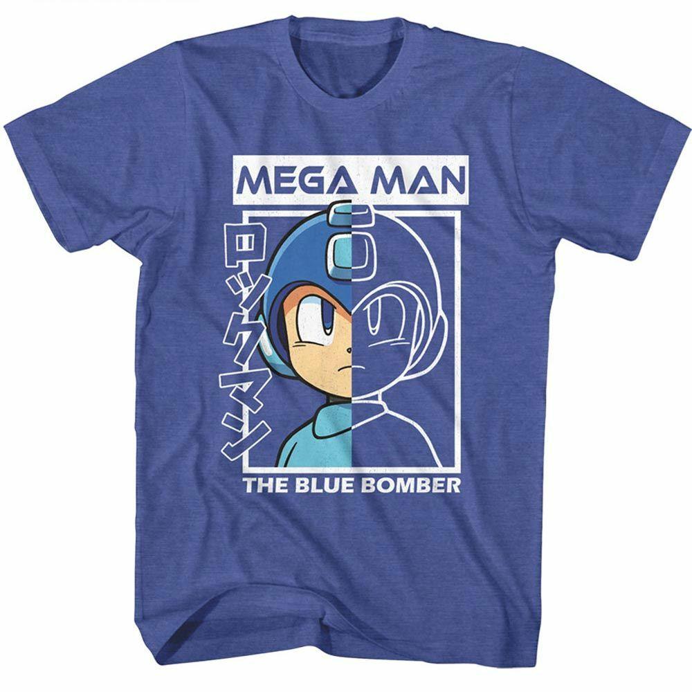 Mega Man Half Color Half Outline Royal Heather Adult T-Shirt L