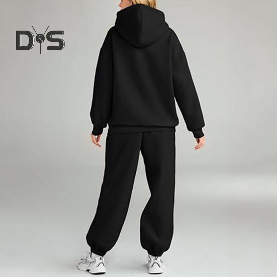 2 bucăți/set pantaloni sport pentru femei, cu glugă, cu mânecă lungă, de culoare pură, cu glugă, cu talie elastică, pantaloni largi, cu bandă la gleznă, ocazional, trening fitness zilnic