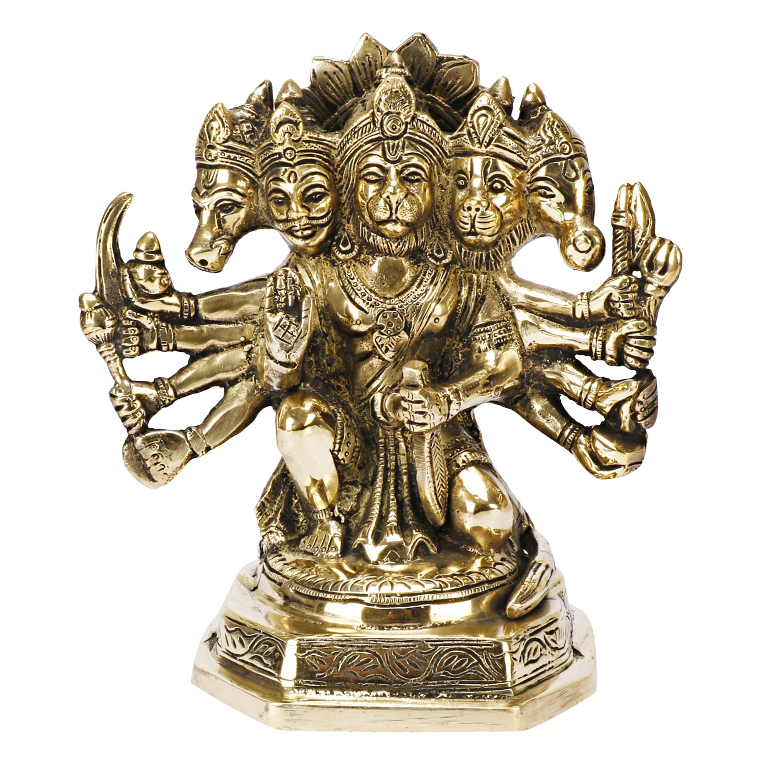 God Lord Panchmukhi Hanuman Bajrang Bali Bhagwan Sitting Idol, Brass - 7 Inch