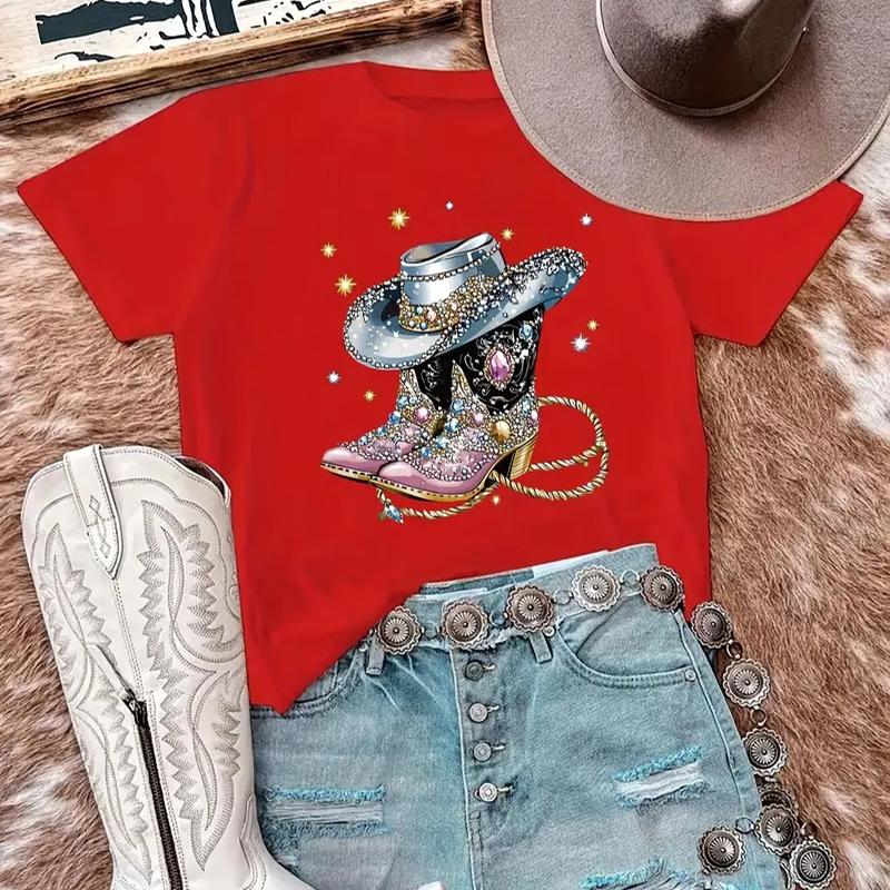 

Женская летняя футболка Ретро мода Футболки с коротким рукавом Повседневные топы с принтом блестящей обуви 8XL красный