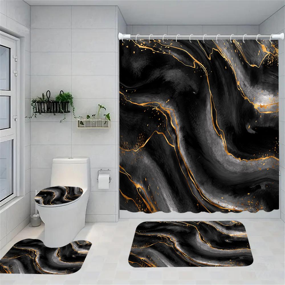 1/4 Marble Veining Shower Curtains, Toilet Seat Decoration, Shower Curtain With Carpet And Toilet Lid, 70.8X70.8 Inch