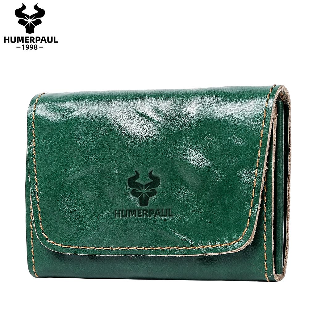 HUMERPAUL Ladies wallet first layer cowhide solid color convenient retro style short coin purse credit card storage leather solid color card case