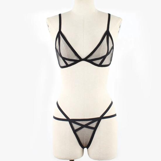 2 Pcs/Set Bra Panties Set See-through Mesh Hollow Out Solid Color Elastic Strap Decor Thin High Waist Wedding Night Honeymoon Underwear Set