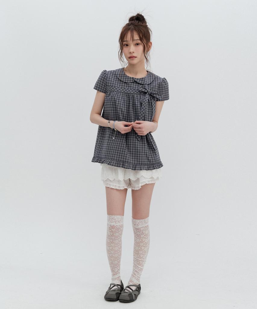HIGH SCHOOL DISCO Check Ribbon Round Collar Blouse