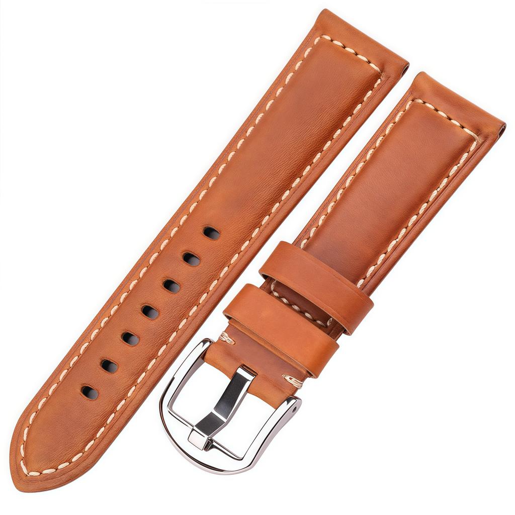 20mm 22mm 24mm 26mm First Layer Oil Wax Cowhide Padded Leather Watch Strap Screw-in Stainless Buckle Vintage Style Band