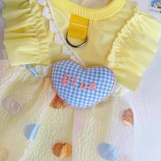 Ruffled Pet Dress, Polka Dot Puppy Dress with Plaid Heart, Cute Dog Princess Dress with D Ring, Breathable Summer Outfit for Small Dogs Cats