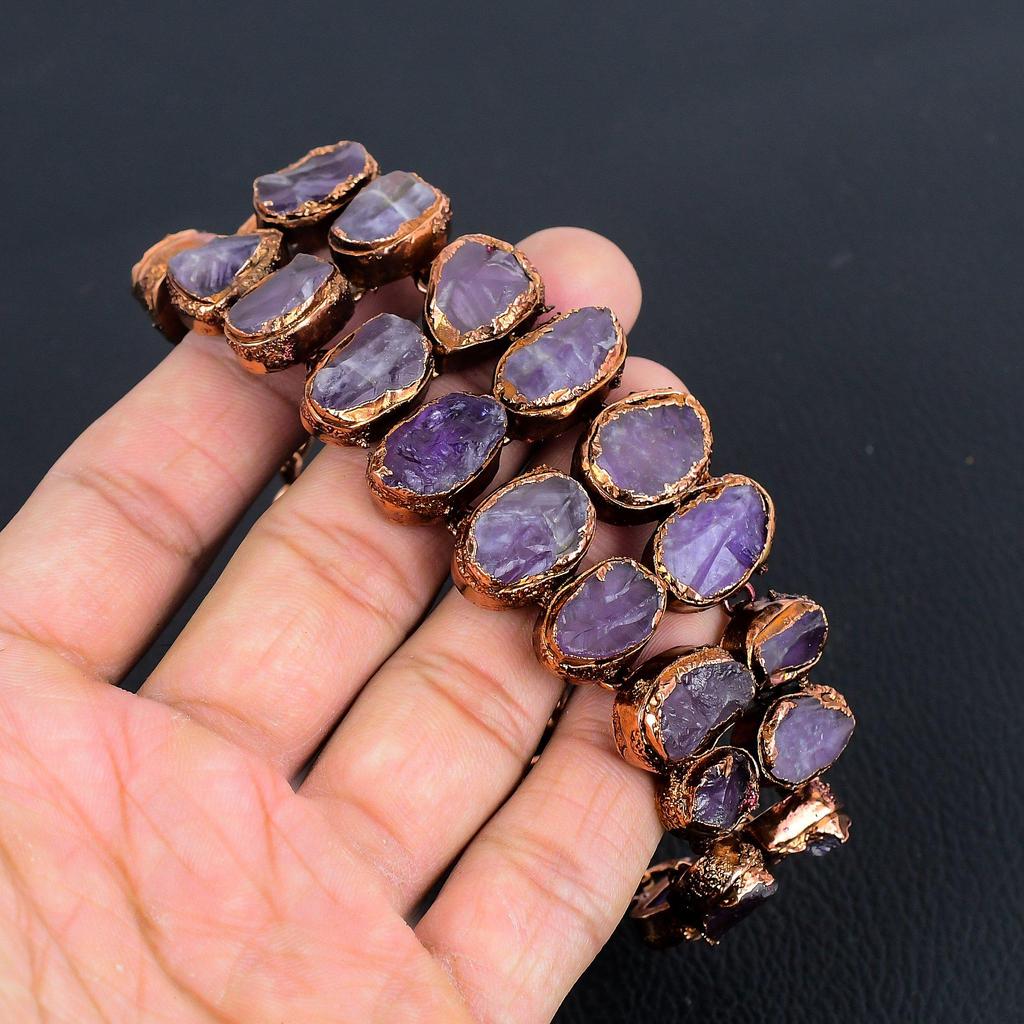 Amethyst Cuff Bracelet Real Gemstone Bangle, Copper Electroformed Bracelet Handmade Jewelry, Adjustable Bangle For Gift Women Jewelry