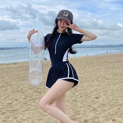 Women's 2024 Conservative One-Piece Slimming Sports Swimsuit with Boxer Shorts - Belly-Covering, Ideal for Students and Hot Springs.