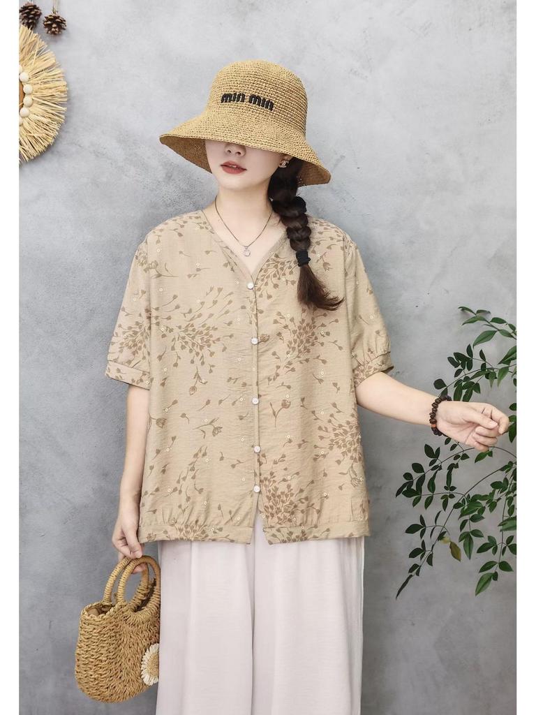 Women's Summer Tencel Linen Printed Short Sleeve Top - Loose Fit, Round Neck
