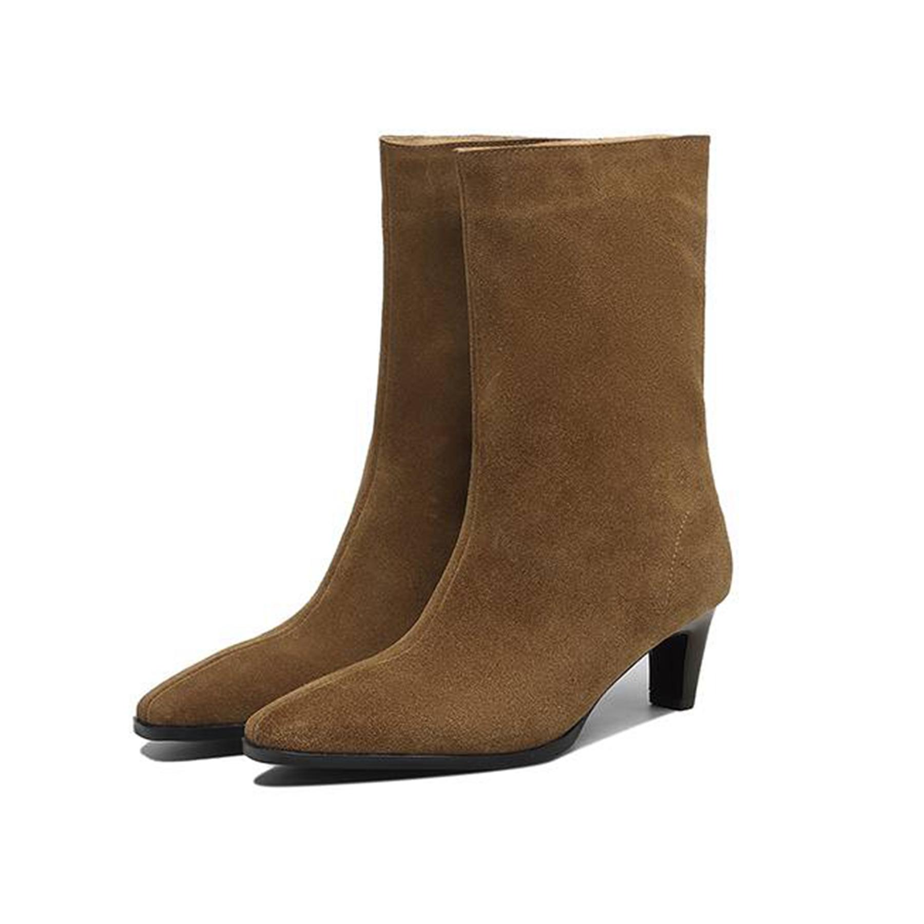 

Krazing Pot Cow Suede Nubuck Autumn Winter Shoes Thick High Heels Big Size 43 Modern Boots Square Toe Keep Warm Slip on Mid-calf Boots 39 коричневий