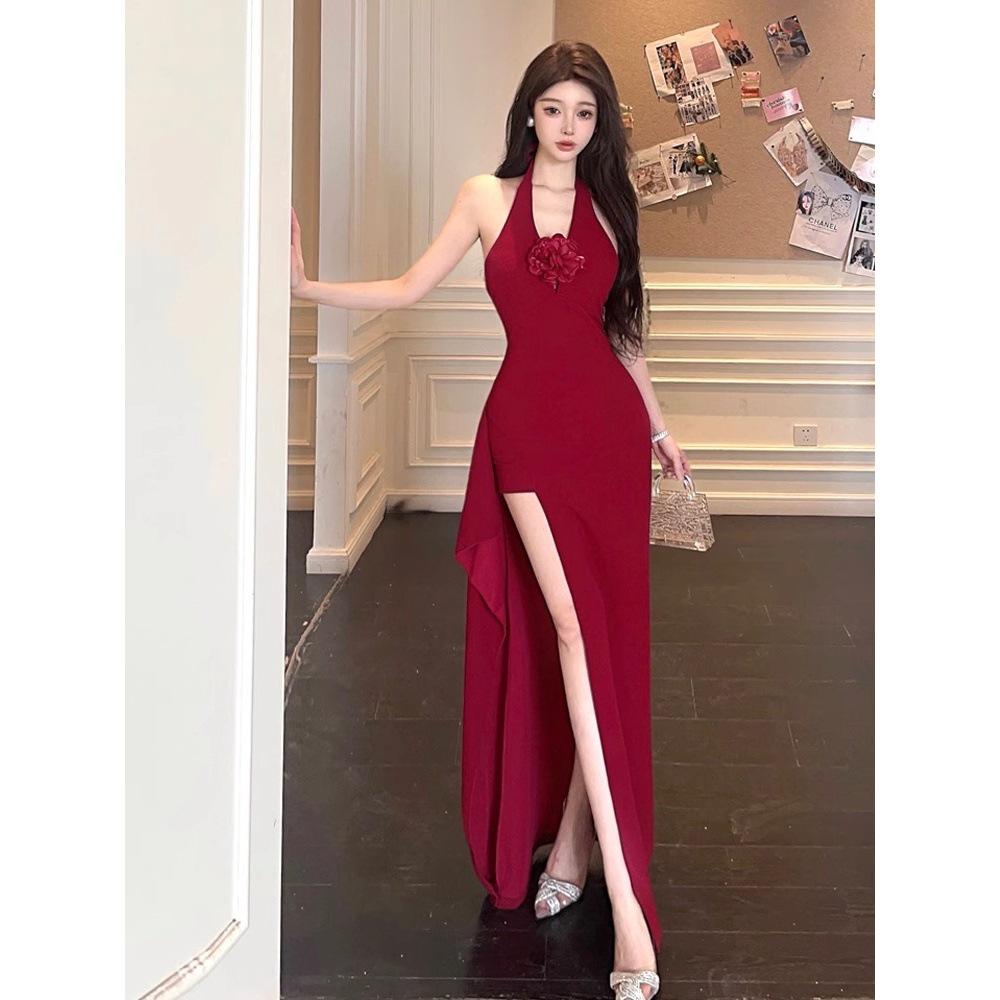 

Французское винтажное платье для вечеринки с V-образным вырезом и бретелью-петлей - Приталенное платье-бодикон в стиле «русалка» с высокой талией XL (fits 110-120 lbs) красный