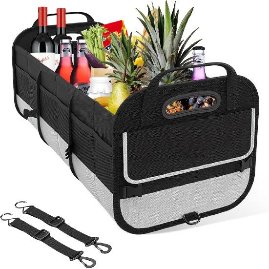 Car Trunk Organizer, Large Capacity Collapsible Cargo Organizer with Adjustable Straps Reinforced Handles, Multi-Compartment Trunk Storage Box for