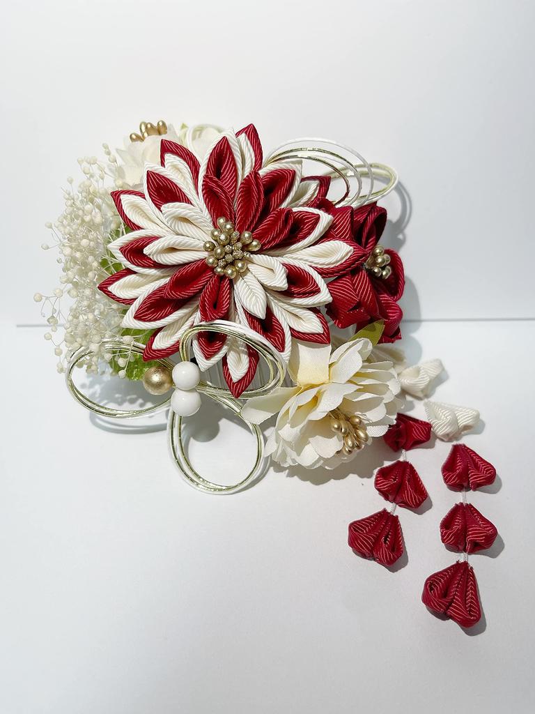 Inari Shoji Tsumami-zaiku Mizuhiki Dried Flower Hair Ornament Set (Red)
