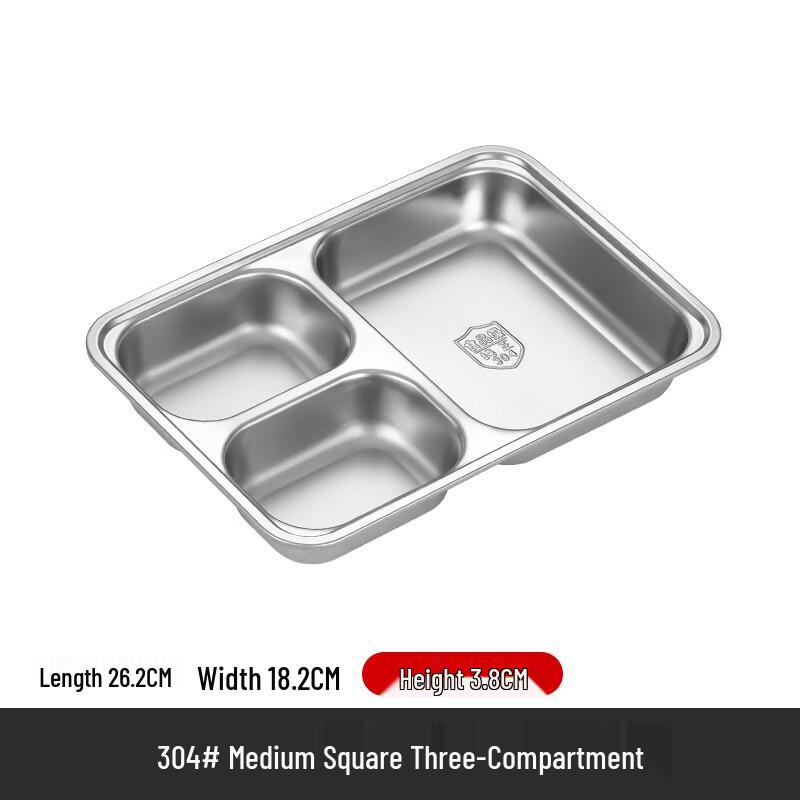 304 Stainless Steel Square 3-Compartment Meal Tray