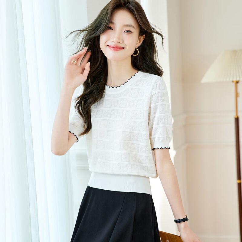 Srcr Women s Silk Blend Hollow Knit Ruffled Short Sleeve Top XL