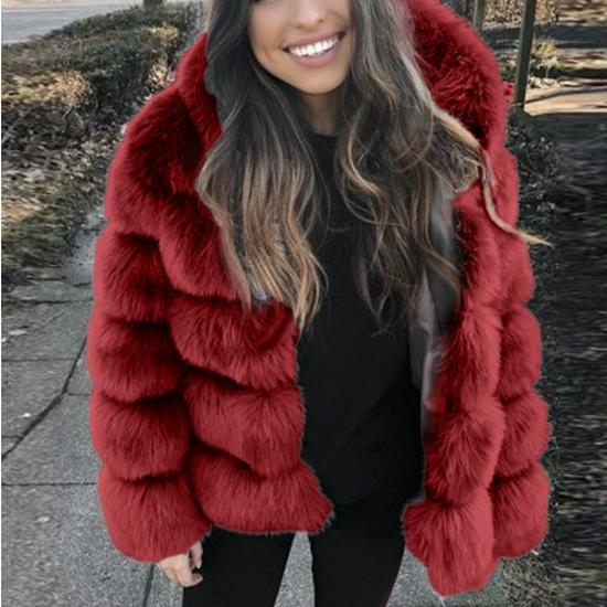 Women's Mid-Length Faux Fox Fur Jacket with Hood - Thickened Winter Patchwork Coat Long Sleeve