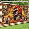 Vibrant Background Fabric for the Day of the Dead Celebration  Featuring Floral Skull Design and Mexican Party Decorations