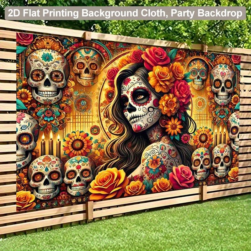 Vibrant Background Fabric for the Day of the Dead Celebration Featuring Floral Skull Design and Mexican Party Decorations