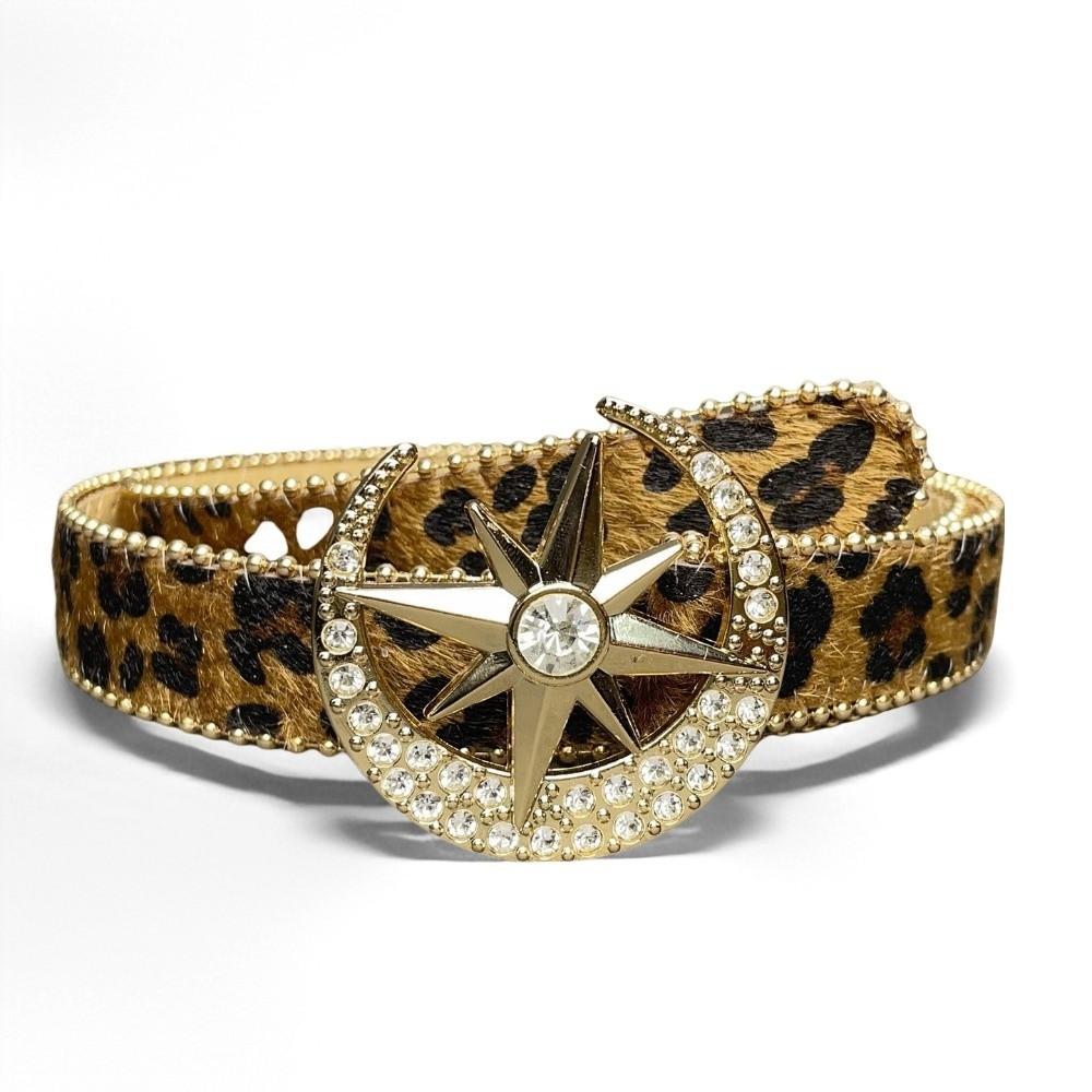 Leopard Print Suede Leather Belt Luxury Design Versatile Waist Belt Moon Star Buckle Rhinestone Belt Coat Skirt Decoration кофейный