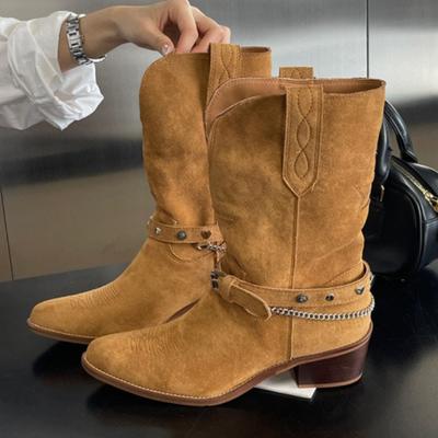 Fashion Retro Rivet Belt Buckle Ankle Boots Women Fashion Metal Chain Chunky Heel Designer Boots High Quality Faux Suede Mid Calf Boots